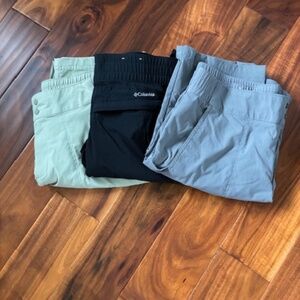 A bundle of 3 new pairs of Columbia womens pants Black, Gray and Light Moss